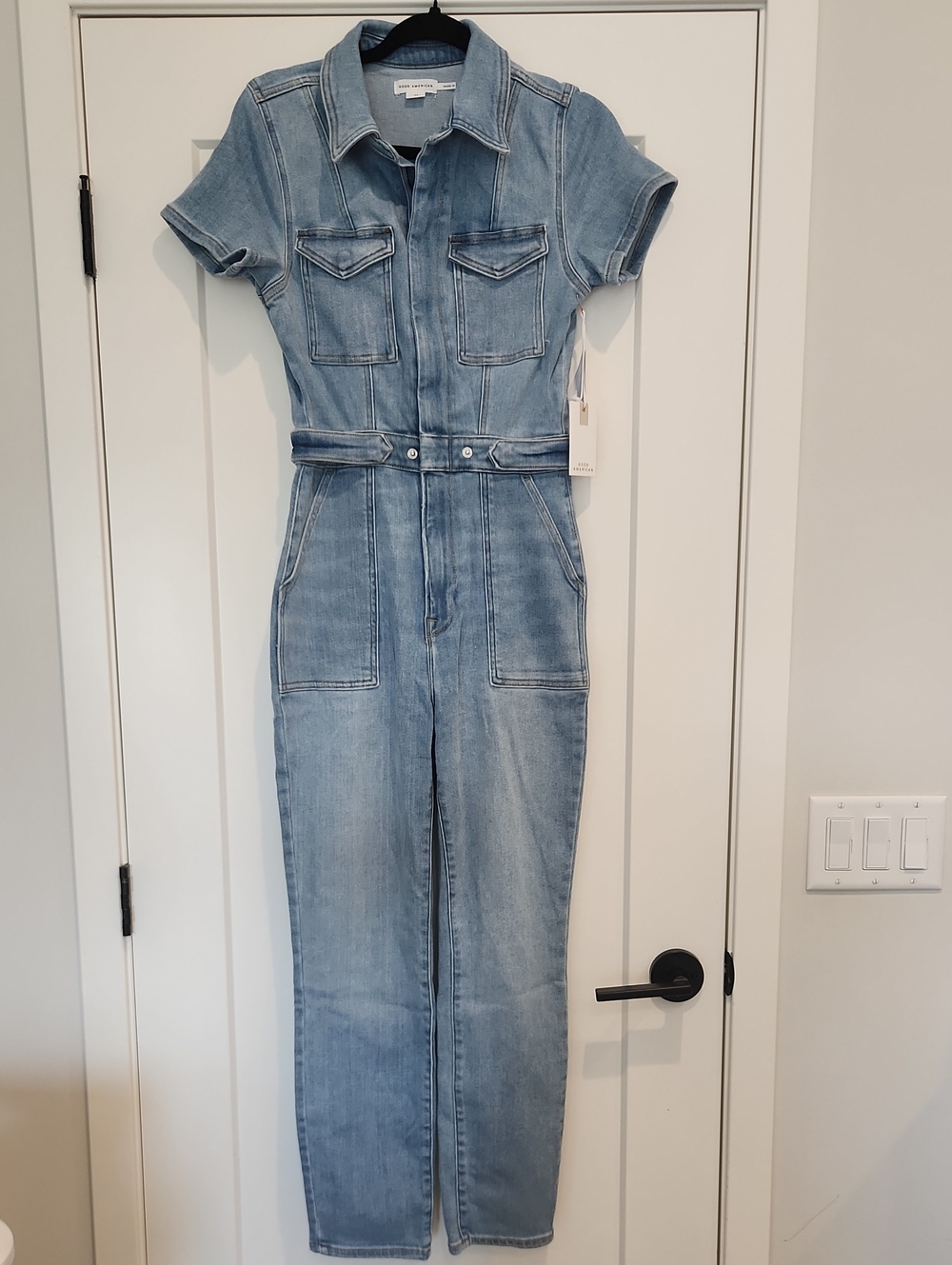 Good American Light Blue Denim Short-Sleeve Jumpsuit